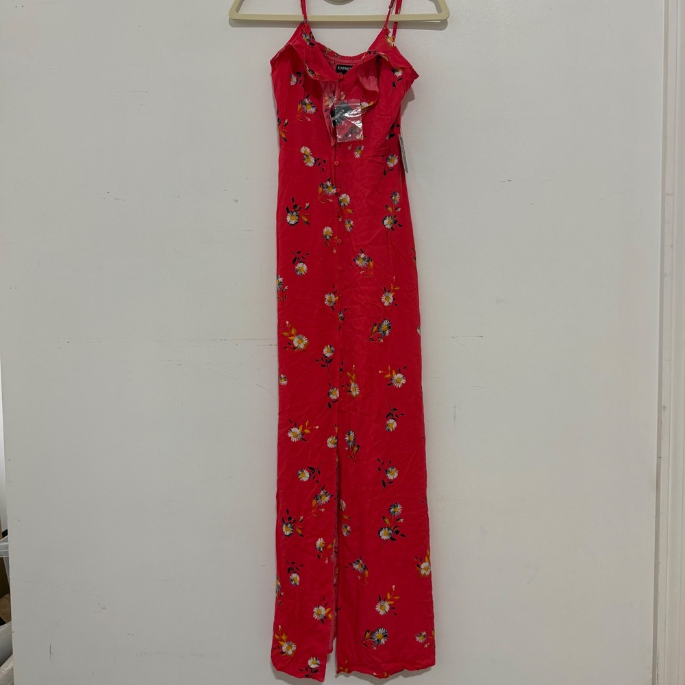 Express Women Red Daisy Floral Ruffle Button Front Maxi Dress‎ XS New